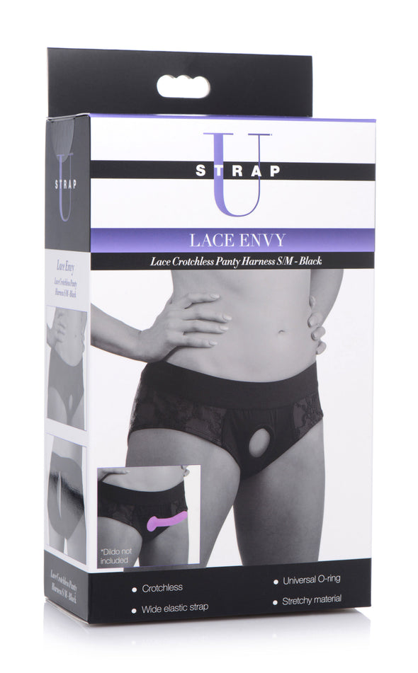 Lace Envy Black Crotchless Panty Harness - S-m-Harnesses & Strap-Ons-XR Brands Strap U-Andy's Adult World