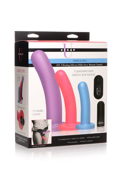 Triple Peg 28x Vibrating Silicone Dildo Set With Remote-Vibrators-XR Brands Strap U-Andy's Adult World